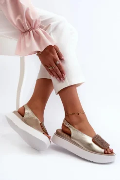 Damskie Zazoo 1786 Skórzane Sandały Damskie Na Platformie Z Ozdobą Złote