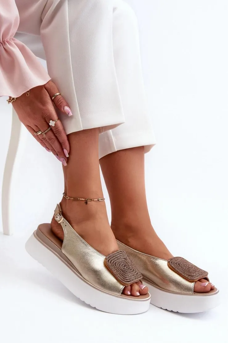 Damskie Zazoo 1786 Skórzane Sandały Damskie Na Platformie Z Ozdobą Złote