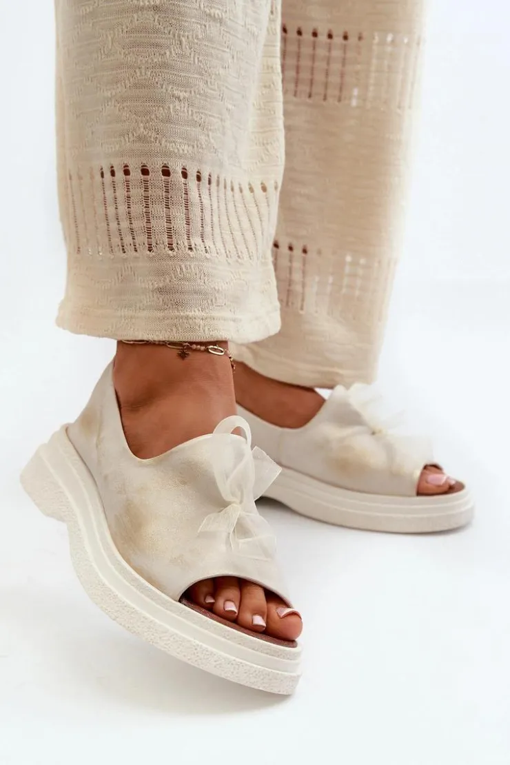 Zazoo Sandały Płaskie*2939 Skórzane Sandały Damskie Z Kokardką Złoty Przecierany