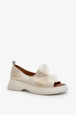 Zazoo Sandały Płaskie*2939 Skórzane Sandały Damskie Z Kokardką Złoty Przecierany