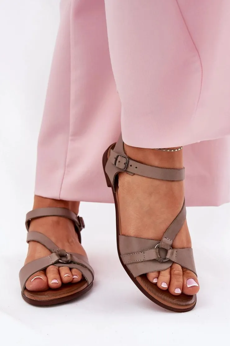 Zazoo Sandały Płaskie*40182 Skórzane Sandały Damskie Ciemnobeżowe Beżowy