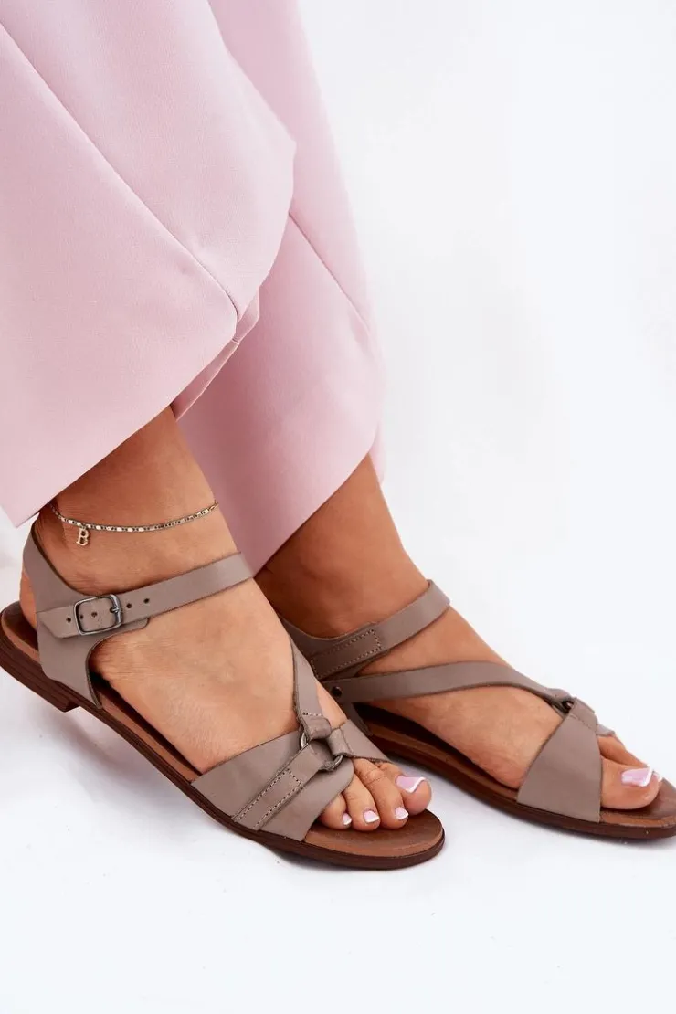 Zazoo Sandały Płaskie*40182 Skórzane Sandały Damskie Ciemnobeżowe Beżowy