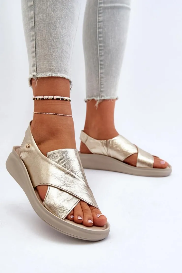 Damskie Zazoo 40392 Skórzane Sandały Damskie Złote