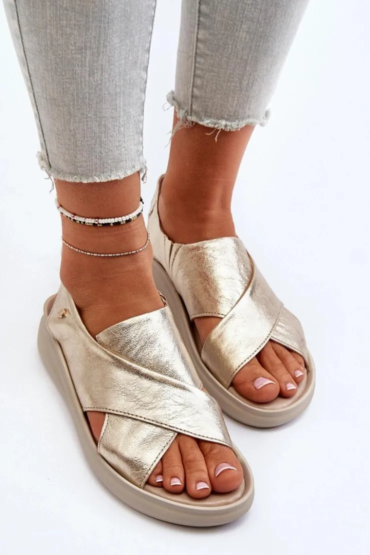 Damskie Zazoo 40392 Skórzane Sandały Damskie Złote