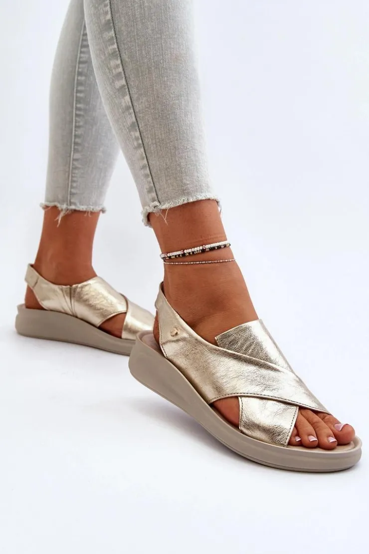 Damskie Zazoo 40392 Skórzane Sandały Damskie Złote