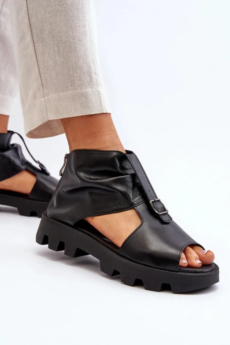 Zazoo Sandały Płaskie*999 Skórzane Sandały Damskie Z Zamkiem Czarne