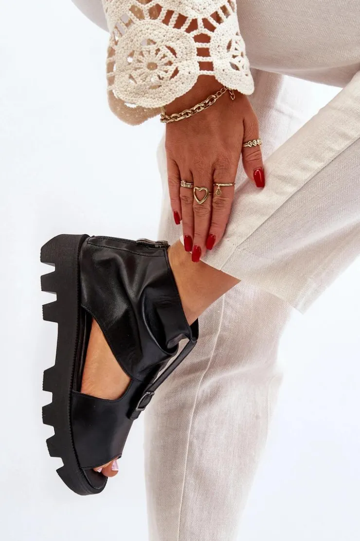 Zazoo Sandały Płaskie*999 Skórzane Sandały Damskie Z Zamkiem Czarne