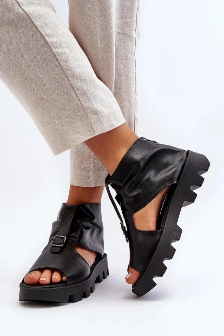 Zazoo Sandały Płaskie*999 Skórzane Sandały Damskie Z Zamkiem Czarne