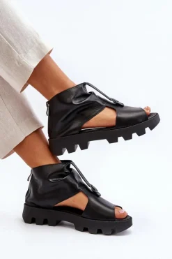 Zazoo Sandały Płaskie*999 Skórzane Sandały Damskie Z Zamkiem Czarne