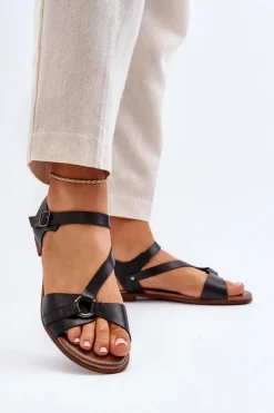 Damskie Zazoo 40182 Skórzane Sandały Damskie Czarne