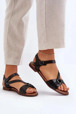 Damskie Zazoo 40182 Skórzane Sandały Damskie Czarne