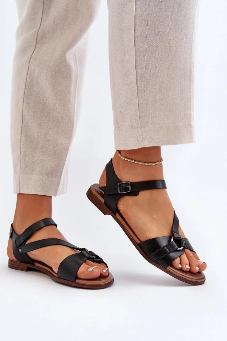 Damskie Zazoo 40182 Skórzane Sandały Damskie Czarne