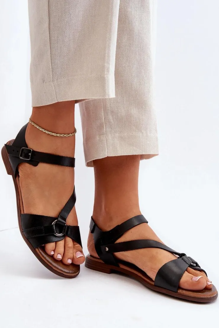 Damskie Zazoo 40182 Skórzane Sandały Damskie Czarne