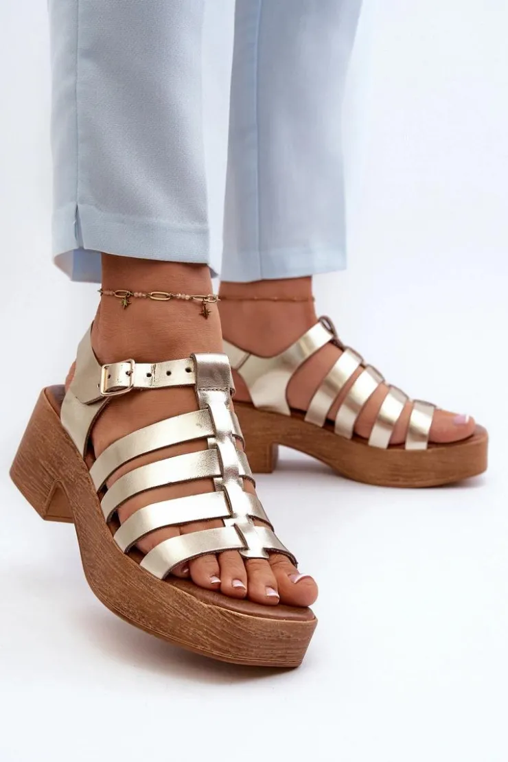 Zazoo Sandały Na Obcasie*40410 Skórzane Sandały Damskie Złote Złoty