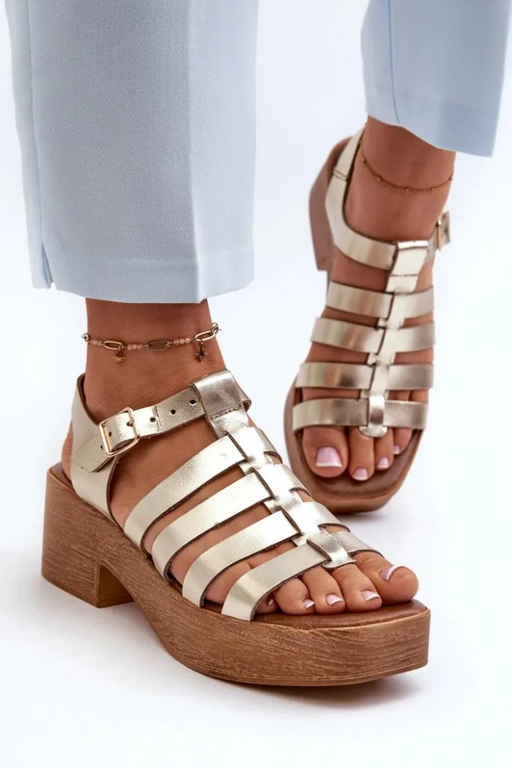 Zazoo Sandały Na Obcasie*40410 Skórzane Sandały Damskie Złote Złoty