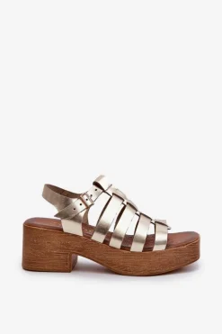 Zazoo Sandały Na Obcasie*40410 Skórzane Sandały Damskie Złote Złoty