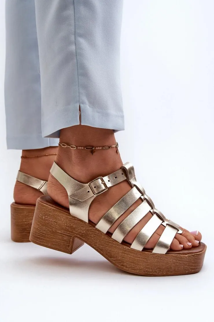 Zazoo Sandały Na Obcasie*40410 Skórzane Sandały Damskie Złote Złoty