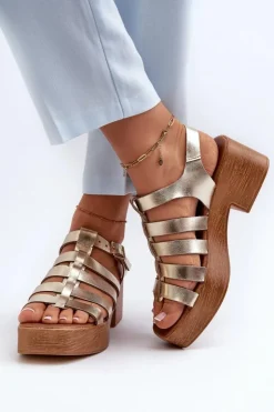 Zazoo Sandały Na Obcasie*40410 Skórzane Sandały Damskie Złote Złoty