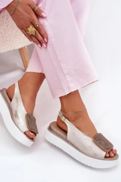 Zazoo Sandały Płaskie*1786 Skórzane Sandały Damskie Na Platformie Z Ozdobą Przecierany Złoty