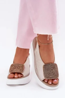 Zazoo Sandały Płaskie*1786 Skórzane Sandały Damskie Na Platformie Z Ozdobą Przecierany Złoty