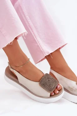 Zazoo Sandały Płaskie*1786 Skórzane Sandały Damskie Na Platformie Z Ozdobą Przecierany Złoty