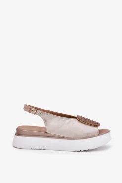 Zazoo Sandały Płaskie*1786 Skórzane Sandały Damskie Na Platformie Z Ozdobą Przecierany Złoty