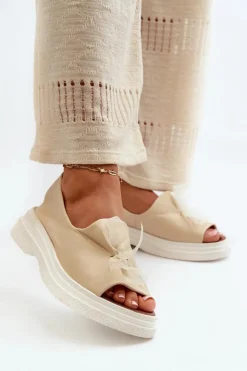 Damskie Zazoo 2939 Skórzane Sandały Damskie Z Kokardką Jasnobeżowe