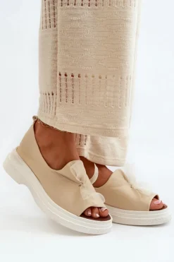 Damskie Zazoo 2939 Skórzane Sandały Damskie Z Kokardką Jasnobeżowe