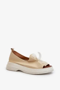 Damskie Zazoo 2939 Skórzane Sandały Damskie Z Kokardką Jasnobeżowe