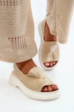 Damskie Zazoo 2939 Skórzane Sandały Damskie Z Kokardką Jasnobeżowe