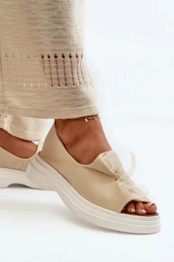 Damskie Zazoo 2939 Skórzane Sandały Damskie Z Kokardką Jasnobeżowe