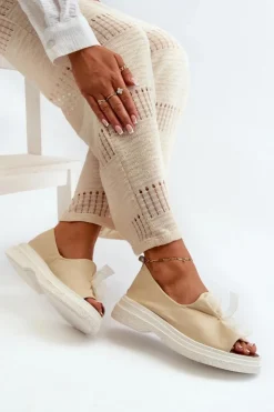 Damskie Zazoo 2939 Skórzane Sandały Damskie Z Kokardką Jasnobeżowe