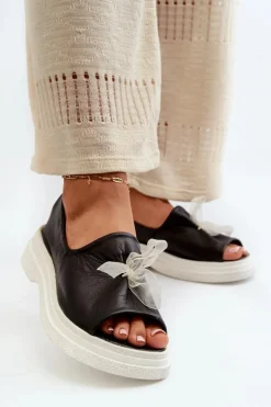 Best Zazoo 2939 Skórzane Sandały Damskie Z Kokardką Czarne Czarny