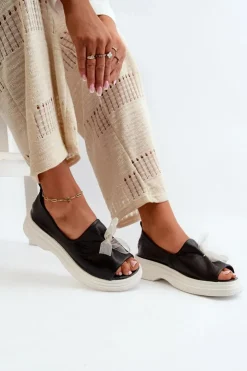 Best Zazoo 2939 Skórzane Sandały Damskie Z Kokardką Czarne Czarny