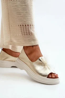 Zazoo Sandały Płaskie*2939 Skórzane Sandały Damskie Z Kokardką Złote