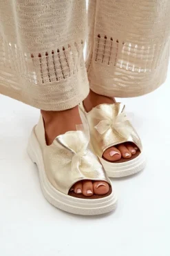 Zazoo Sandały Płaskie*2939 Skórzane Sandały Damskie Z Kokardką Złote