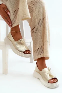 Zazoo Sandały Płaskie*2939 Skórzane Sandały Damskie Z Kokardką Złote