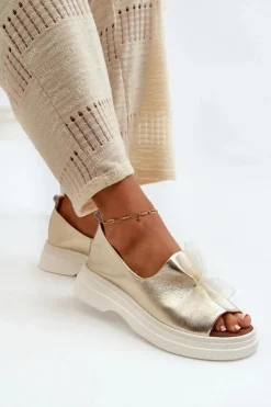 Zazoo Sandały Płaskie*2939 Skórzane Sandały Damskie Z Kokardką Złote