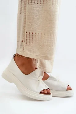 Clearance Zazoo 2939 Skórzane Sandały Damskie Z Kokardką Białe