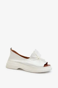 Clearance Zazoo 2939 Skórzane Sandały Damskie Z Kokardką Białe