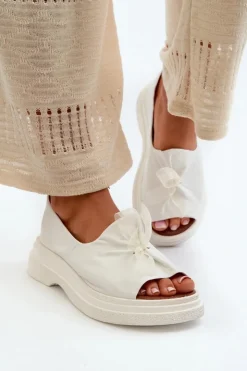 Clearance Zazoo 2939 Skórzane Sandały Damskie Z Kokardką Białe