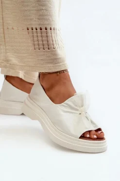 Clearance Zazoo 2939 Skórzane Sandały Damskie Z Kokardką Białe