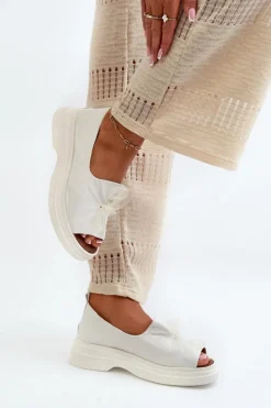 Clearance Zazoo 2939 Skórzane Sandały Damskie Z Kokardką Białe