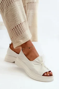 Clearance Zazoo 2939 Skórzane Sandały Damskie Z Kokardką Białe