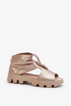 Outlet Zazoo 999 Skórzane Sandały Damskie Z Zamkiem Złote