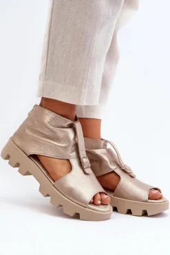 Outlet Zazoo 999 Skórzane Sandały Damskie Z Zamkiem Złote