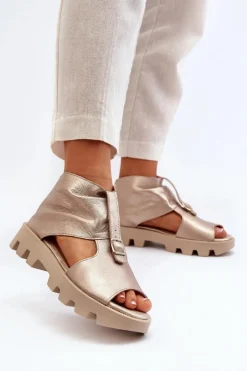 Outlet Zazoo 999 Skórzane Sandały Damskie Z Zamkiem Złote