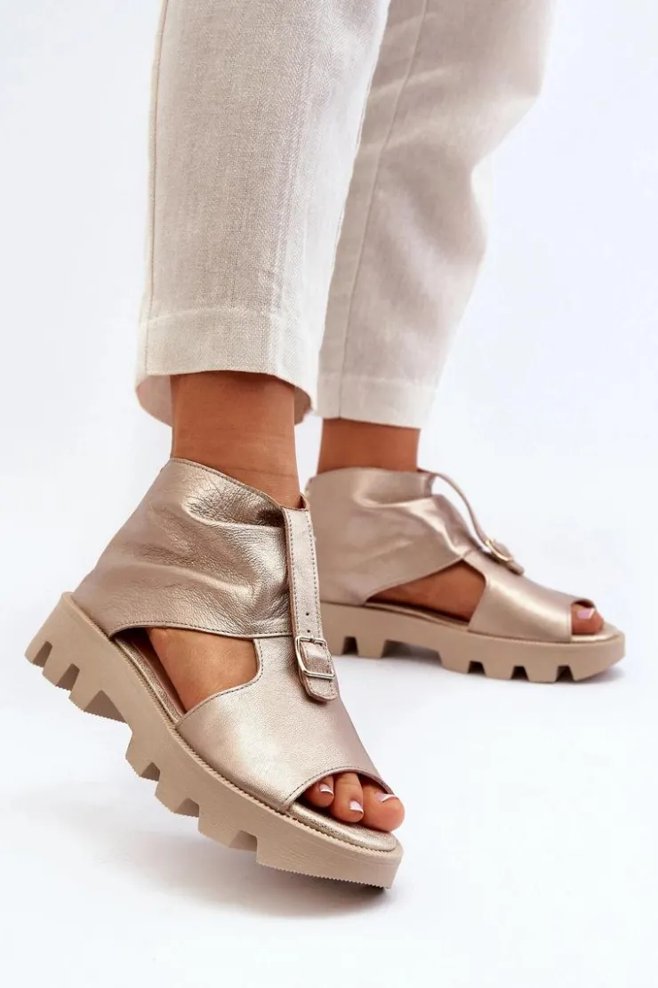 Outlet Zazoo 999 Skórzane Sandały Damskie Z Zamkiem Złote