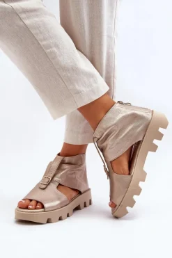 Outlet Zazoo 999 Skórzane Sandały Damskie Z Zamkiem Złote