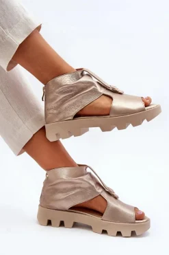 Outlet Zazoo 999 Skórzane Sandały Damskie Z Zamkiem Złote